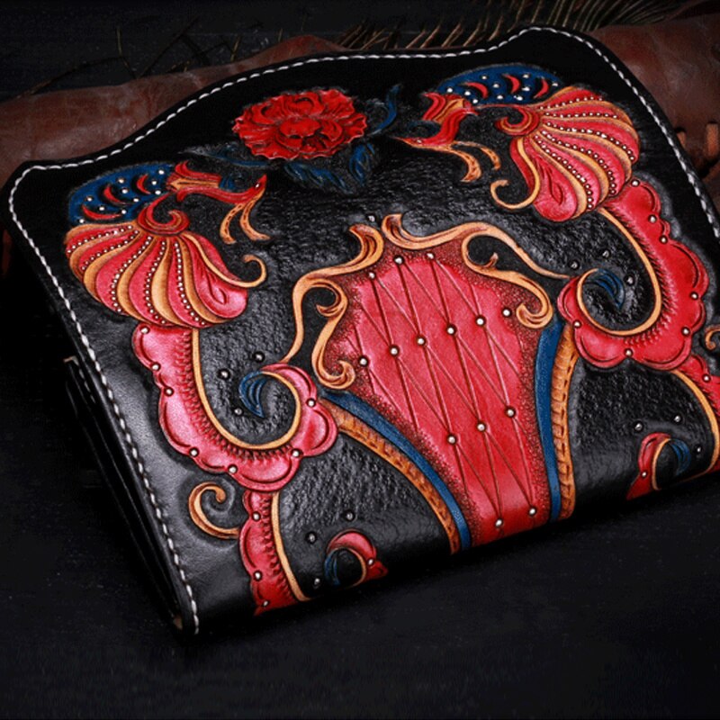 MOTAORA Ladies Handmade Carved Leather Vintage Women&#39;s Wallet Card Holder Floral Cowhide Purse Wallets Chinese Style Retro Bag