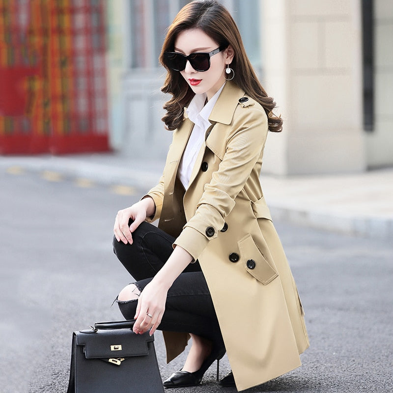 Big Size 6XL Spring Autumn Women Classic Double Breasted Mid-long Trench Coat Female Slim Street Windbreaker Business Outerwear