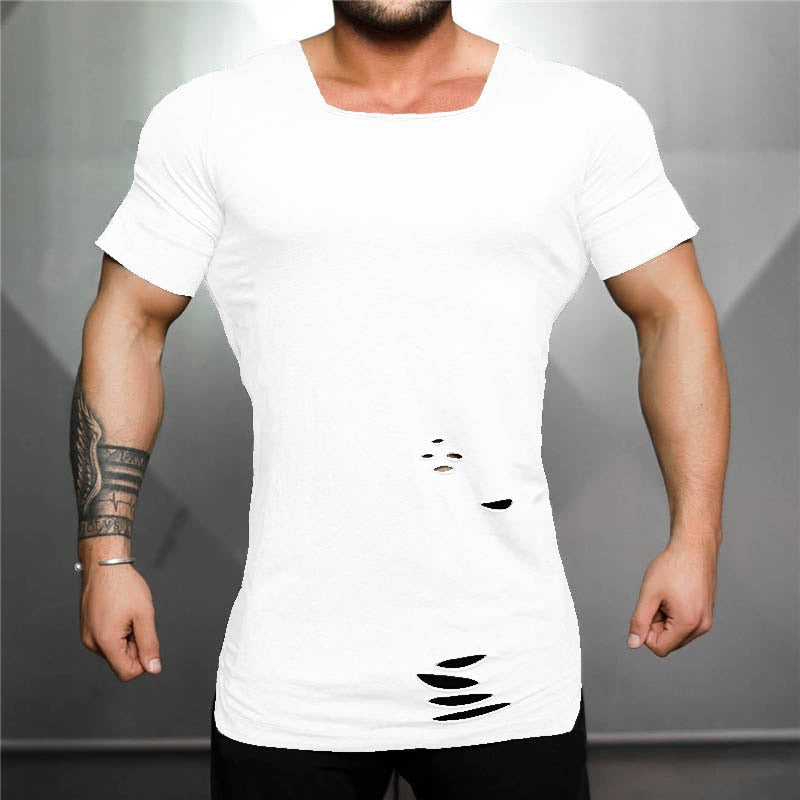 New 2020 Cotton Men&#39;s T shirt Vintage Ripped Hole T-shirt Men Fashion Casual Top Tee Men Hip Hop Activewears Fitness Tshirt Male