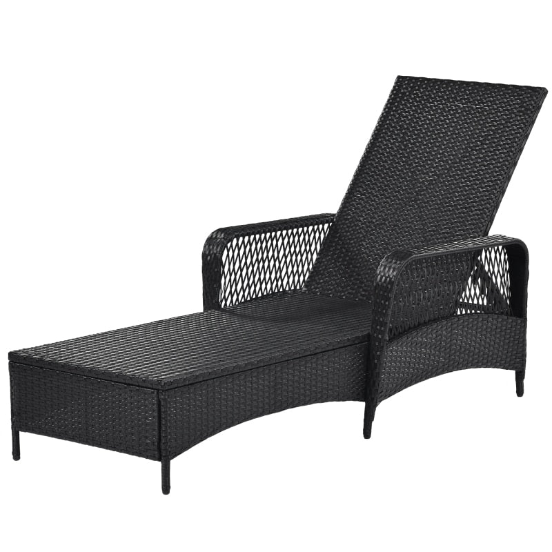 2 PCS Outdoor Patio Chaise Lounge PE Rattan Wicker Chair Wicker Sun Lounger, Adjustable Backrest, Beige Cushion, Black Wiker
