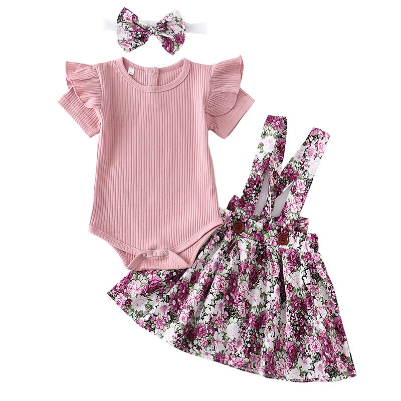 3Pcs Baby Girl Clothes Set Summer Newborn Infant Solid Color Romper Ruffle Floral Dress Overalls Outfit For Toddler Clothing