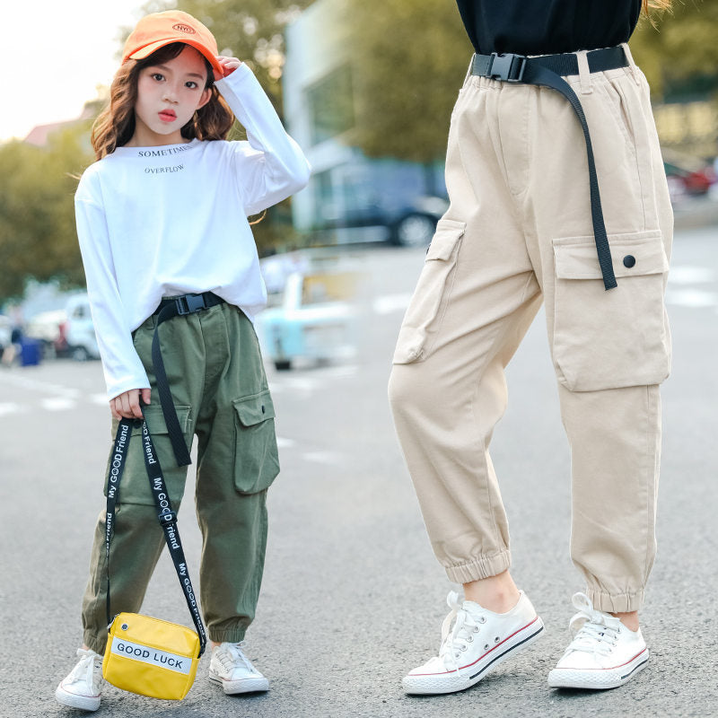 Fashion Cargo Pants for Teen Girls Cool Trousers With Belt Loose Style Kids Cotton Sport Running Pants For Teens Girl 5-14 Years