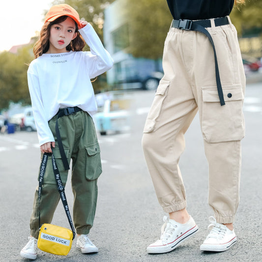 Fashion Cargo Pants for Teen Girls Cool Trousers With Belt Loose Style Kids Cotton Sport Running Pants For Teens Girl 5-14 Years