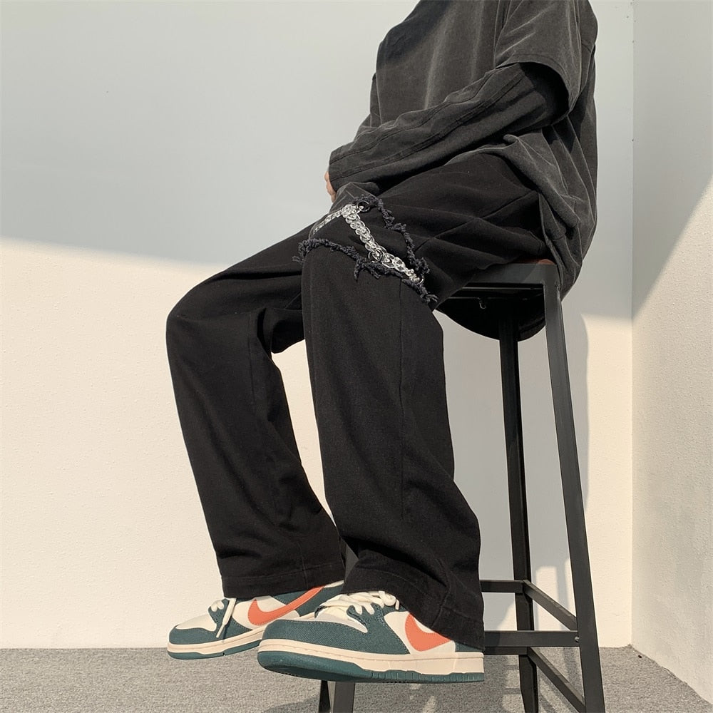 2022 New Fashion Casual Ripped Pants Spring Men&#39;s Straight Wide-leg Pants Chain Decor Washed Cotton Long Trousers Apricot/Black