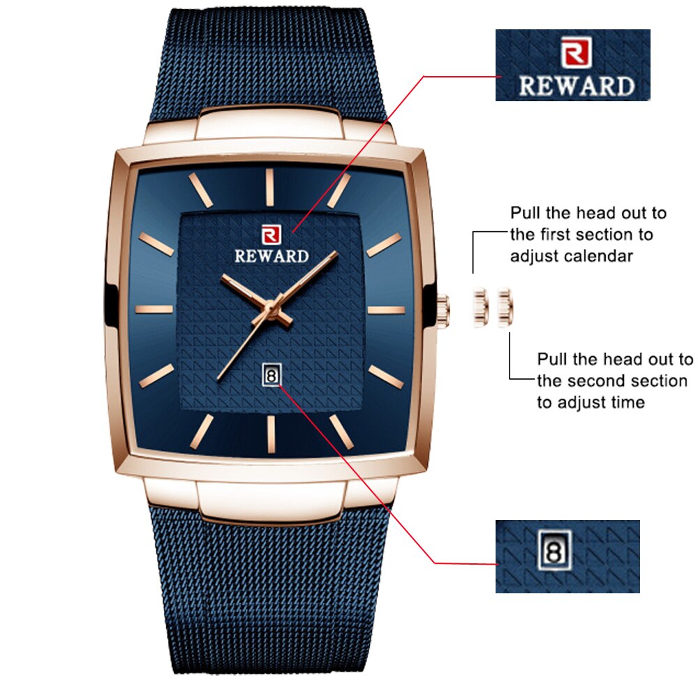 REWARD Watch Men Stainless Steel Blue Quartz Watches Male Fashion Top Brand Luxury Slim Mesh Waterproof Business Wrist Watch