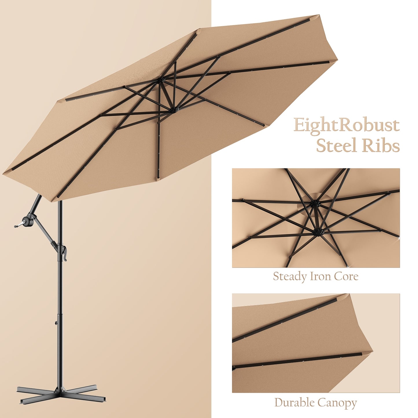 Costway 10&#39; Hanging Solar LED Umbrella Patio Sun Shade Offset Market W/Base OP70754