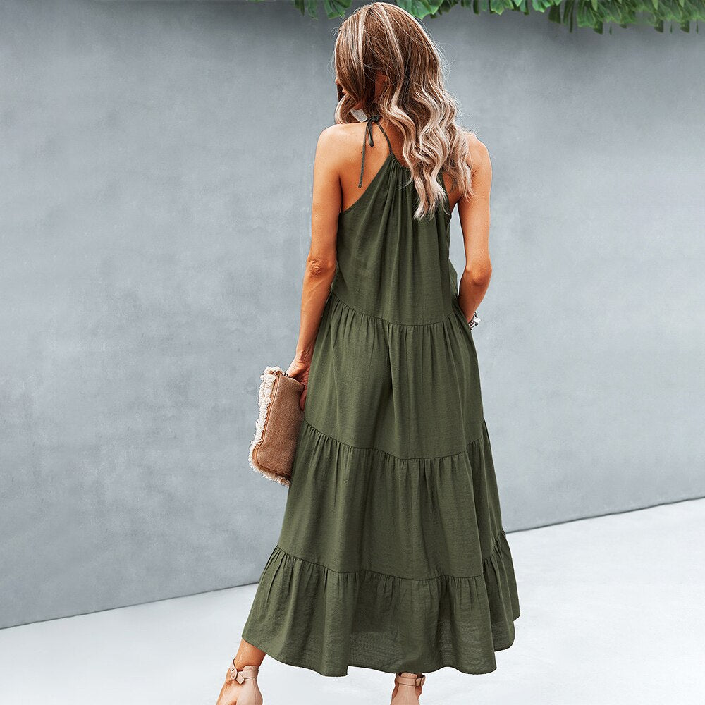 Summer Women Lace Stitching Halter Long Dress Sexy Lace-up Big Hem Beach Party Dresses Vintage Green Casual Ruffle Sundress 2022