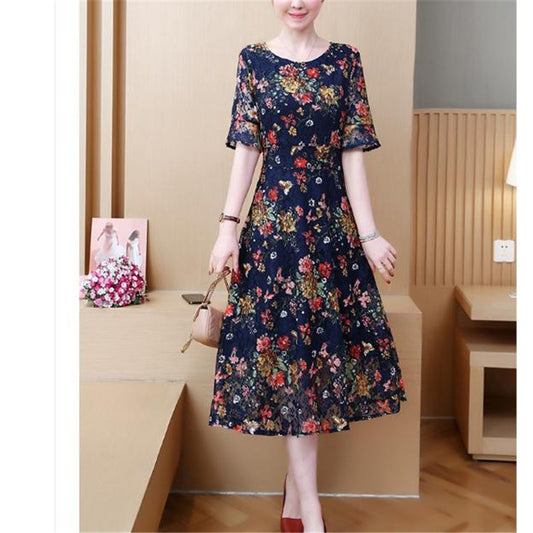 Vintage  Lace O Neck Print Summer Dress Women 2020 Detail A Line Dresses Ladies High Waist Short Sleeve Loose Dress