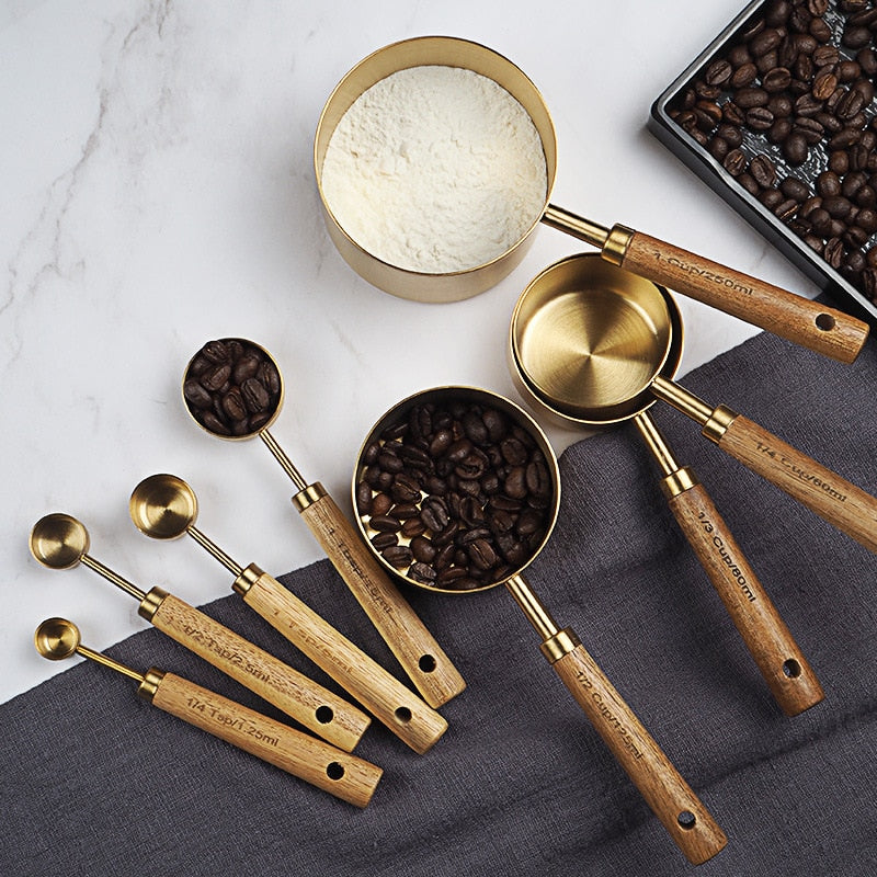 Measuring Spoon Set Kitchen Accessories Wooden Handle Stainless Steel Measuring Cups Spoons Baking Tools Coffee Bartending Scale