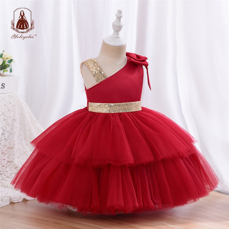 Yoliyolei Fashion Tulle Layers Flower Girl Dresses Red Champagne Gold Waist Belt Shoulderless Baby Casual Dress for Girls