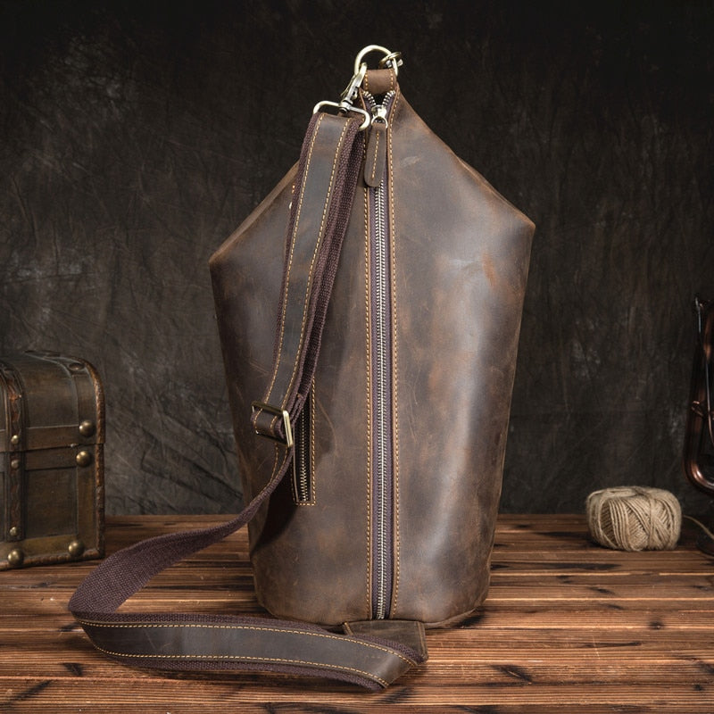 PNDME vintage cylinder design natural genuine leather men&#39;s chest bag fashion casual crazy horse cowhide shoulder crossbody bags