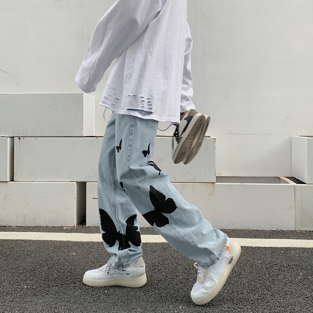 2022 Butterfly Print Jeans Men Pants Loose Baggy Jeans Casual Denim Pants Streetwear Straight Fashion Trousers Women Clothing