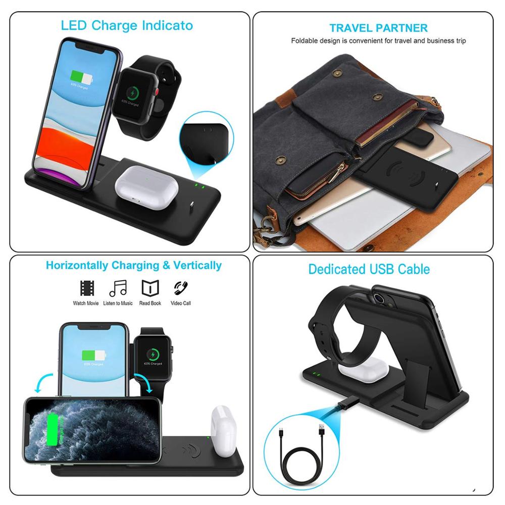 15W Qi Fast Wireless Charger Stand For iPhone 14 13 12 11 8 Apple Watch 4 in 1 Foldable Charging Station for Airpods Pro iWatch