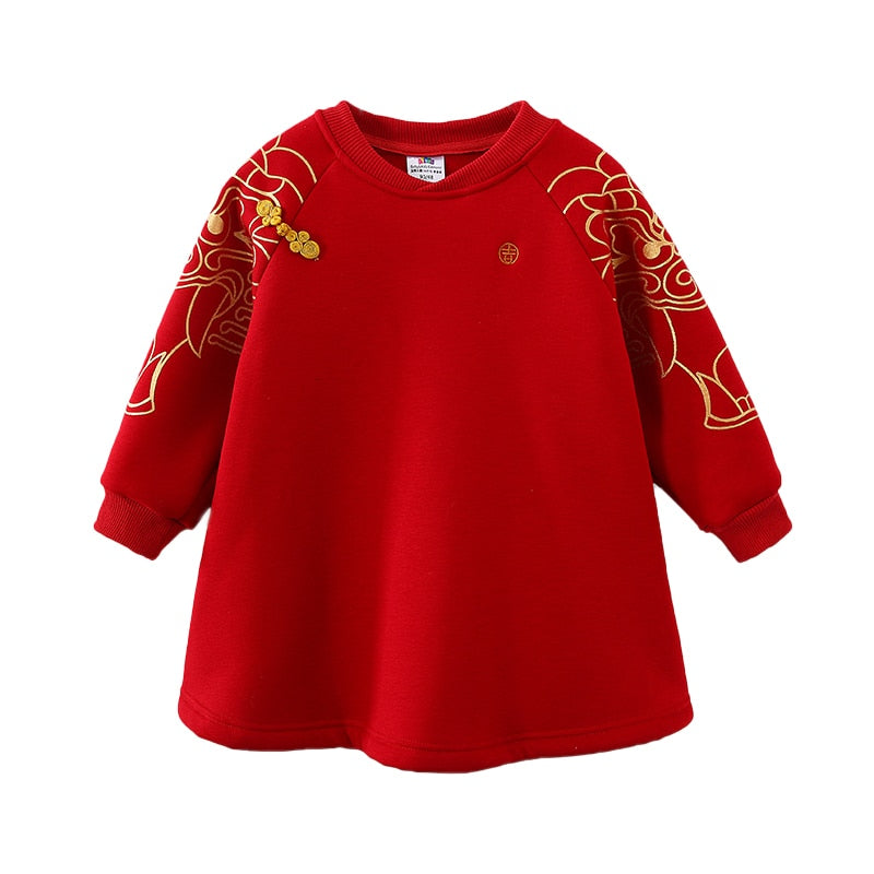 2022 Winter 2 3-12 Years Embroidery Red Ethnic Thickening Traditional Chinese New Year Style Sweatshirt For Kids Baby Boys Girls