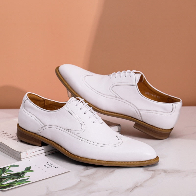 Luxury Men Formal Shoes Real Cow Leather White Solid Wedding Shoes 2022 Spring Brogue Lace Up Pointed Toe Handmade Size 46