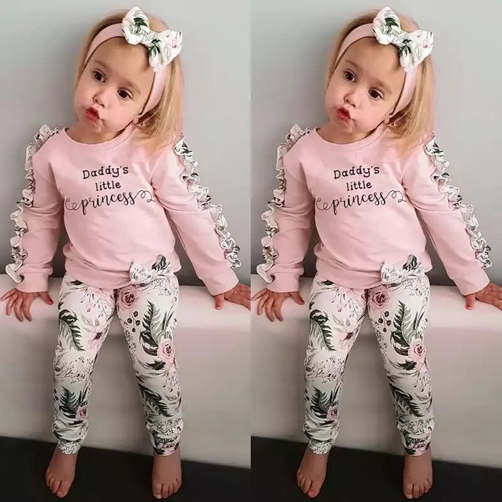 3pcs Infant Baby Girl Clothes Newborn Autumn Long Sleeve Ruffle Cotton Tops Floral Pants Headband Clothing Outfit Set Fall 0-24M