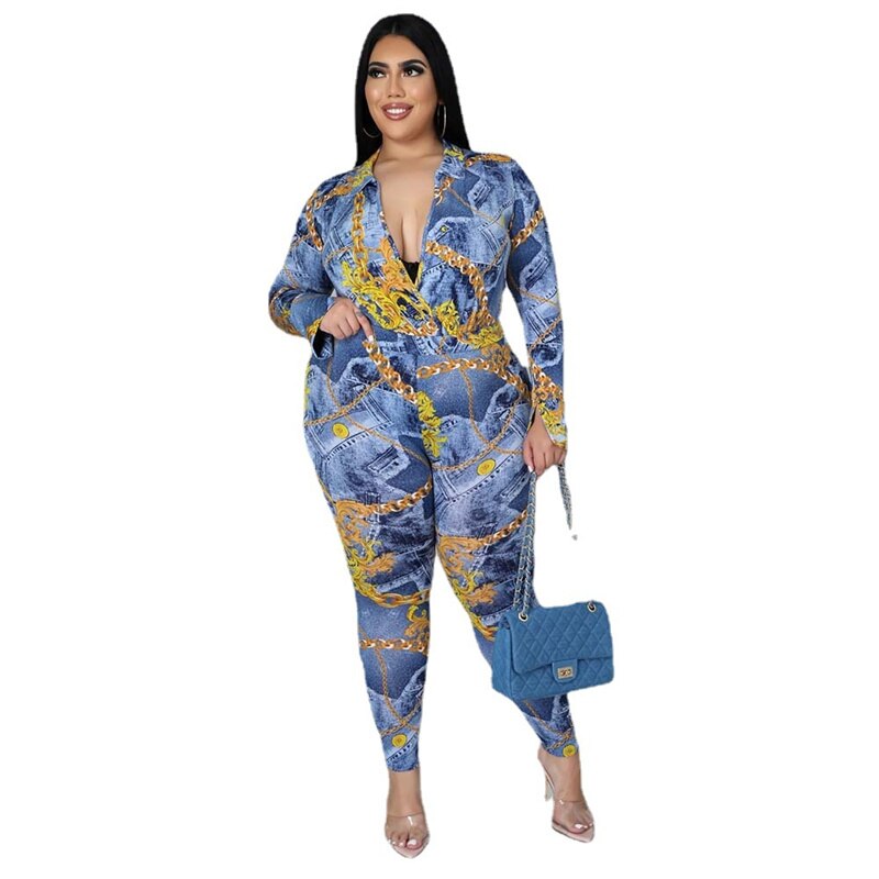 Plus Size Women Clothing Two Piece Set Fall Sexy Outfits Long Sleeve Bodysuit Shirt and Pants Sets Dropshipping Wholesale