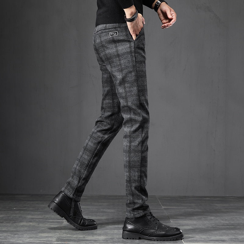 2022 Autumn Winter England Plaid Work Stretch Pants Men Business Fashion Slim Thick Grey Blue Casual Pant Male Brand Trousers 38