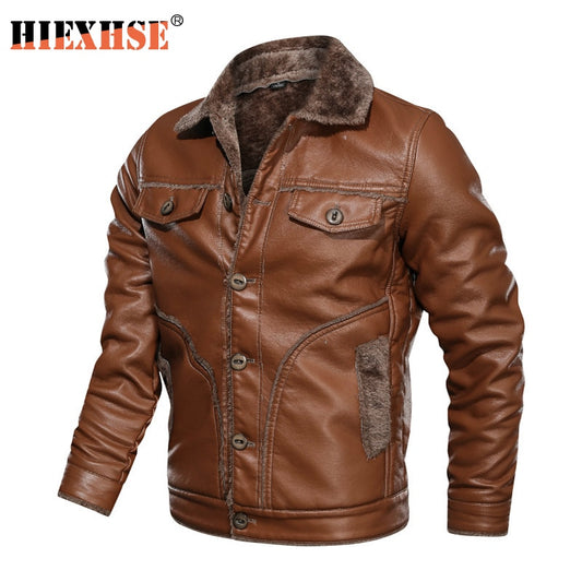 HIEXHSE Men Leather Jacket Winter Faux Leather Coat Parka Motorcycle Bike Bomber Jackets Male Fur Lining Coats 8XL Men&#39;s Cloting