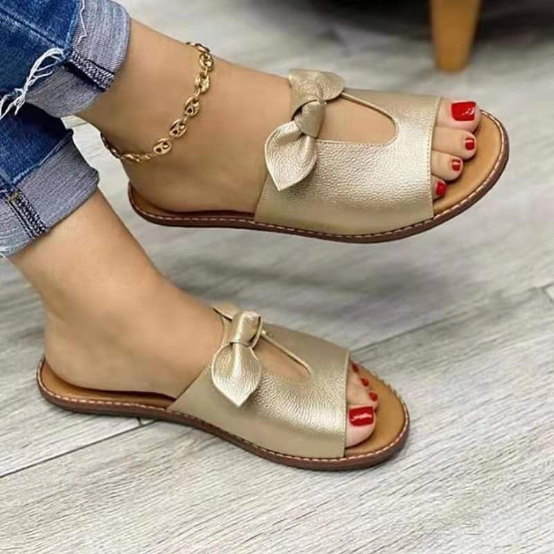 2022 New Summer New Women Leisure Fashion Bow Flat Sandals Sandals Comfortable Soft Bottom Women&#39;s Breathable Beach Sandals