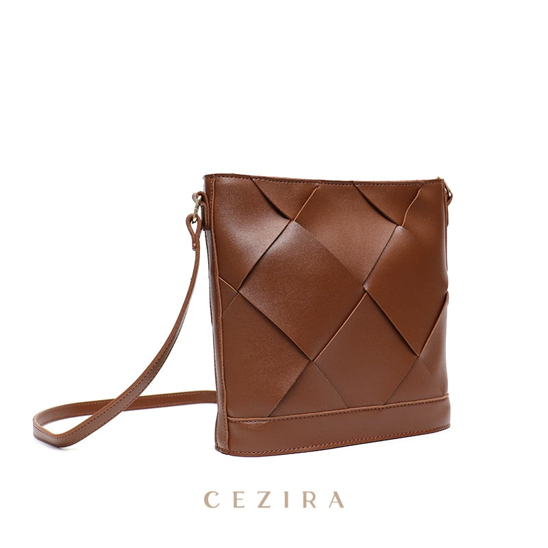 CEZIRA 2021 Fashion PU Leather Woven Crossbody Bag For Women Luxury Designer Hobo Shoulder Purse Ladies Messenger Bucket Handbag