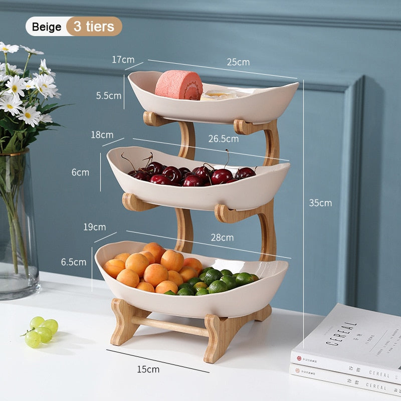 2/3 Tiers Plastic Fruit Plates With Wood Holder Oval Serving Bowls for Party Food Server Display Stand Fruit Candy Dish Shelves