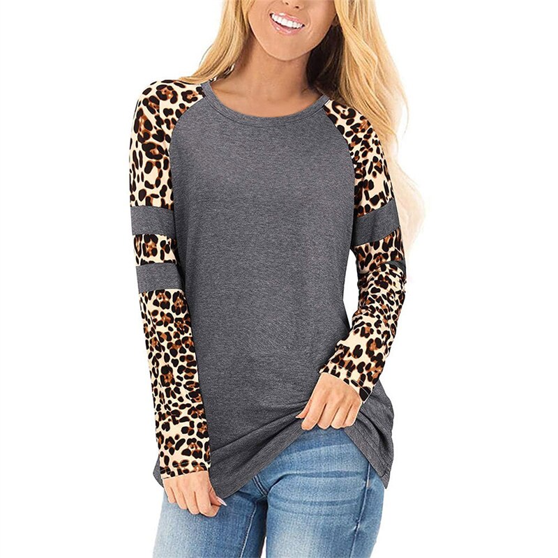 Autumn Patchwork Leopard Print T-shirts Women&#39;s Long Sleeve Top O-Neck Loose Pullover Tees Harajuku Vintage Basic Tshirt Female