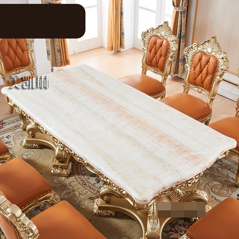 European-style Natural Marble Long Dining Table Luxurious Solid Wood Carved 2-meter 2.2-meter Golden