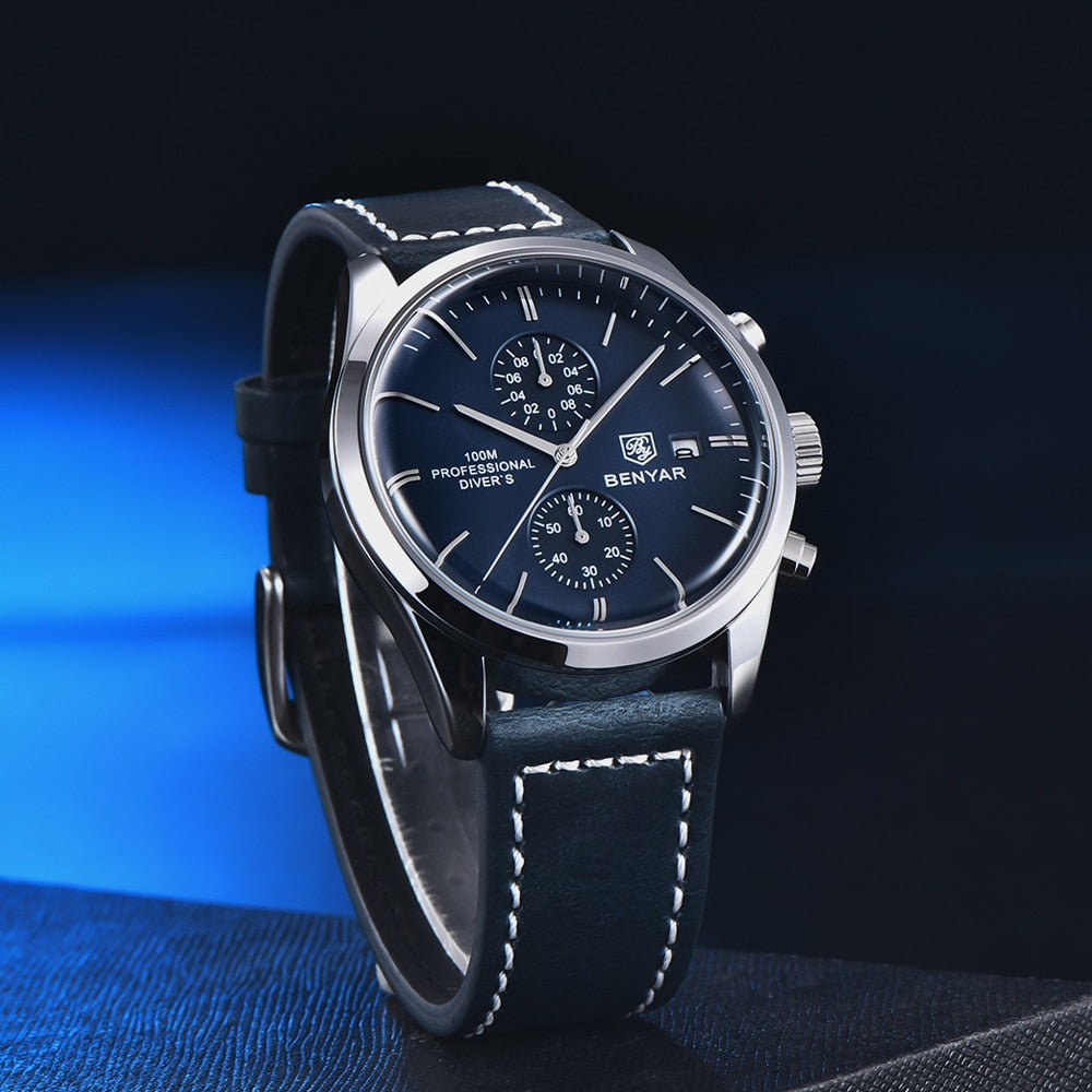 2022 New BENYAR Leather Men Quartz Wristwatches Luxury Brand 100M Waterproof Men Watch Military Sports Chronograph Watch for Men