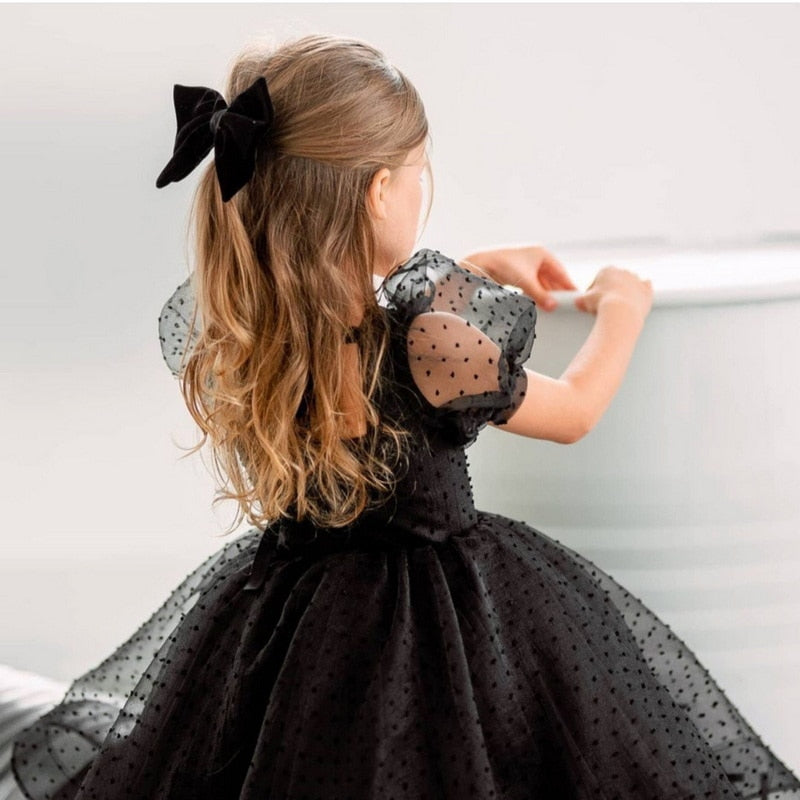 2021 New Summer Kids Girls Party Dresses Black Square Collar Puff Mesh Sleeves Dot Print Princess Dress Children Clothes E0506