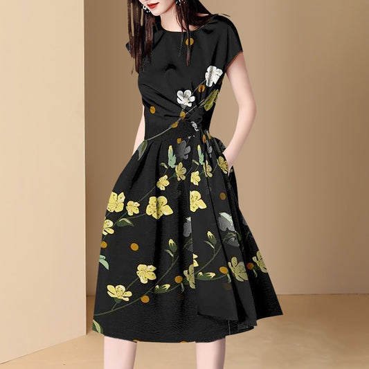 LLZACOOSH Chic Korean Women Floral Printted Vintage Dress 2021Summer V-Neck Short Sleeve Slim Chiffon A-Line Dress Female