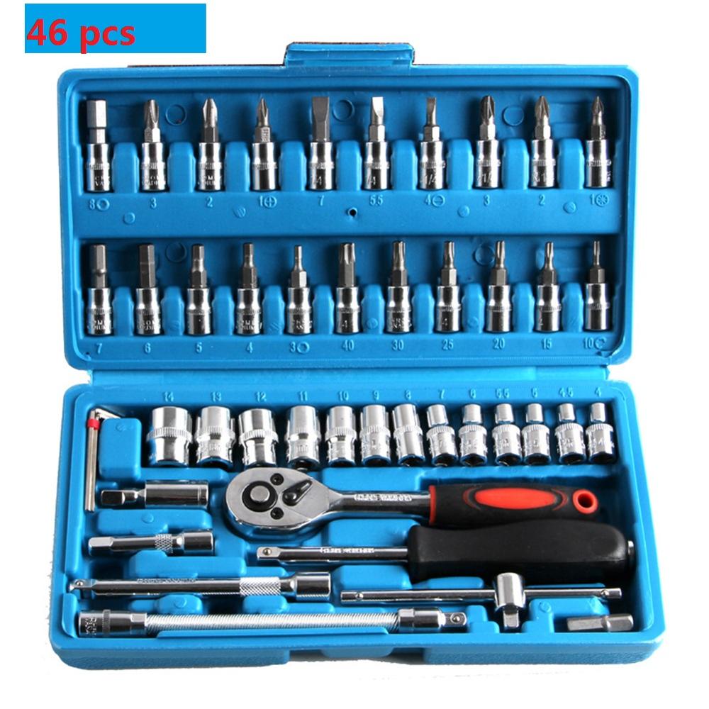 46pcs Tool Sets Car Repair Tool Kit Wrench Set Head Ratchet Pawl Socket Spanner Screwdriver Professional Metalworking Tool Kit