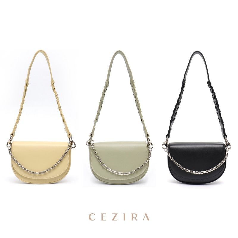 CEZIRA Fashion PU Vegan Leather Handbag For Women Luxury Chain Flap Shell Shoulder Bags Braid Strap Half-moon Female Small Purse