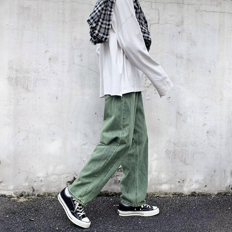 Men Trendy Straight Jeans Green Streetwear Hip-hop Skateboarding Casual Wide Legs Youth Male Harajuku Style Denim Pants