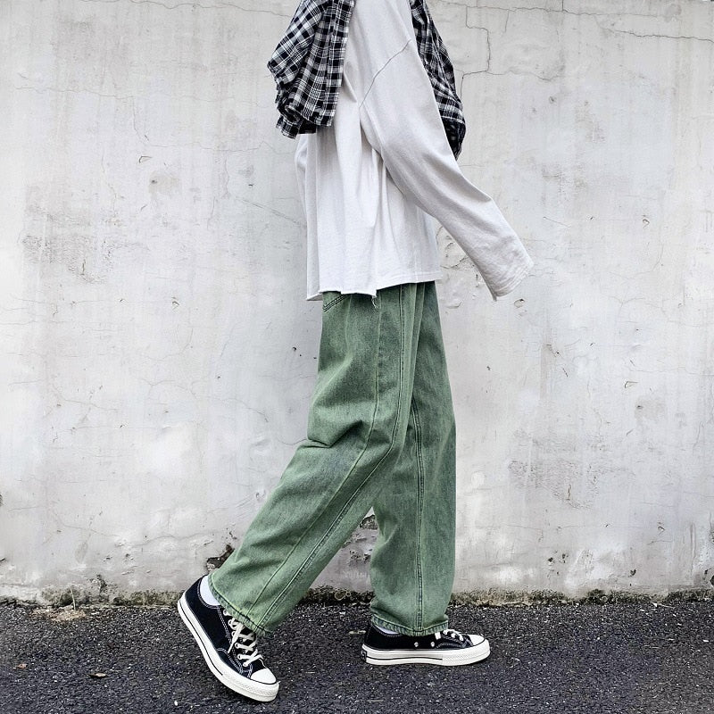 Men Trendy Straight Jeans Green Streetwear Hip-hop Skateboarding Casual Wide Legs Youth Male Harajuku Style Denim Pants