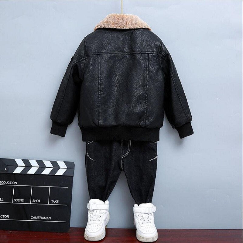 Children&#39;s Clothing Boys Coat Autumn Winter Lapel Plus Velvet Thick Leather Jacket For Boys Child Outwear PU Jacket Kids Tops