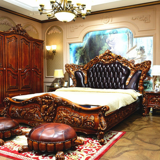 European Luxury Leather Bed 2x2.2m Leather Art Wedding Bed Double Bed American Villa Solid Wood Carved Living Room