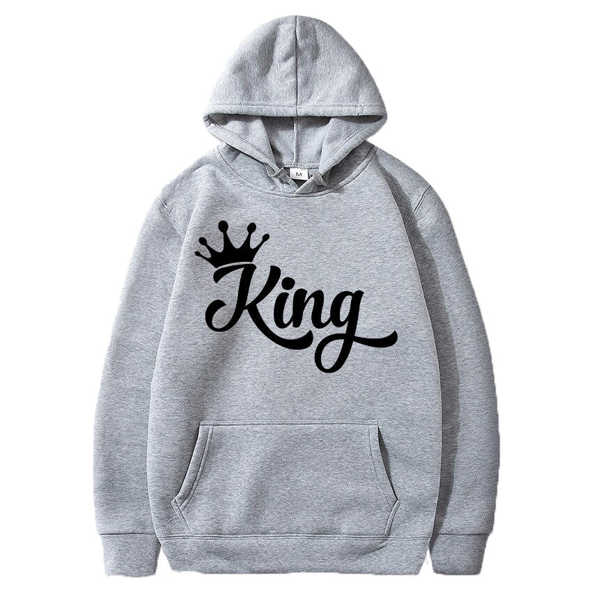 King or Queen Letters Printed Crown Design Couple Hooded Sweatshirt Men Autumn Winter Streetwear Lover Casual Pullover Hoodies