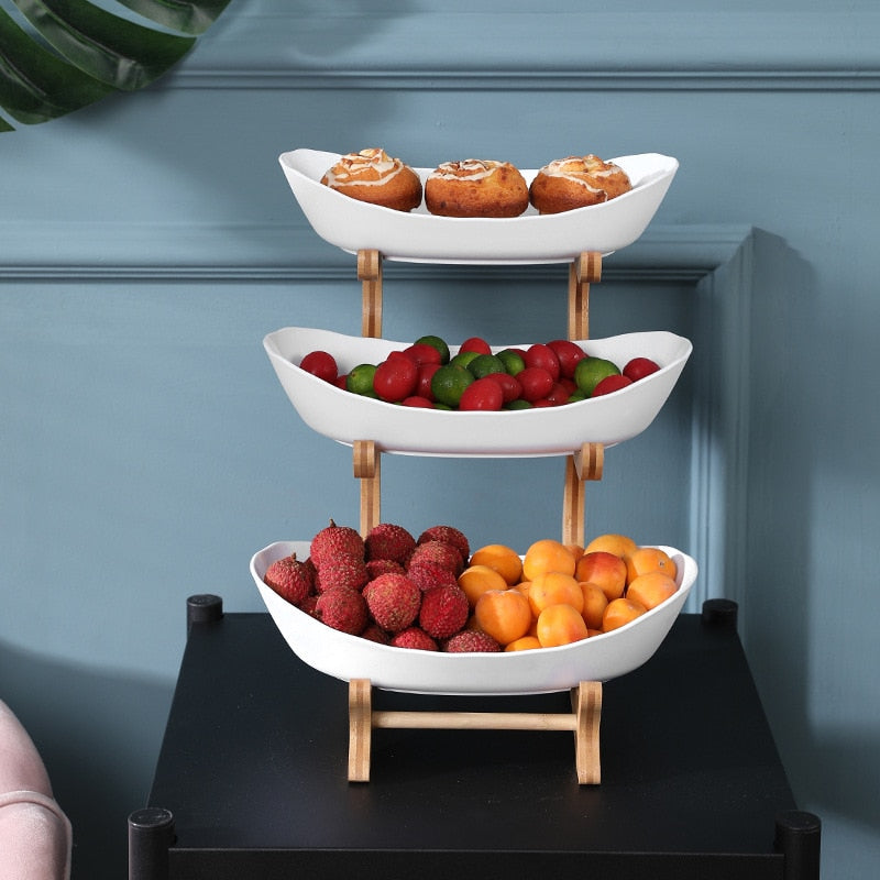 2/3 Tiers Plastic Fruit Plates With Wood Holder Oval Serving Bowls for Party Food Server Display Stand Fruit Candy Dish Shelves