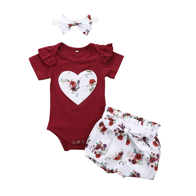 Newborn Baby Girl Clothes Set Summer Solid Color Short Sleeve Romper Flower Shorts Headband 3Pcs Outfit New Born Infant Clothing