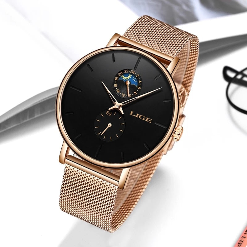 LIGE Womens Watches Top Brand Luxury Waterproof Watch Fashion Ladies Stainless Steel Ultra-Thin Casual Wrist Watch Quartz Clock