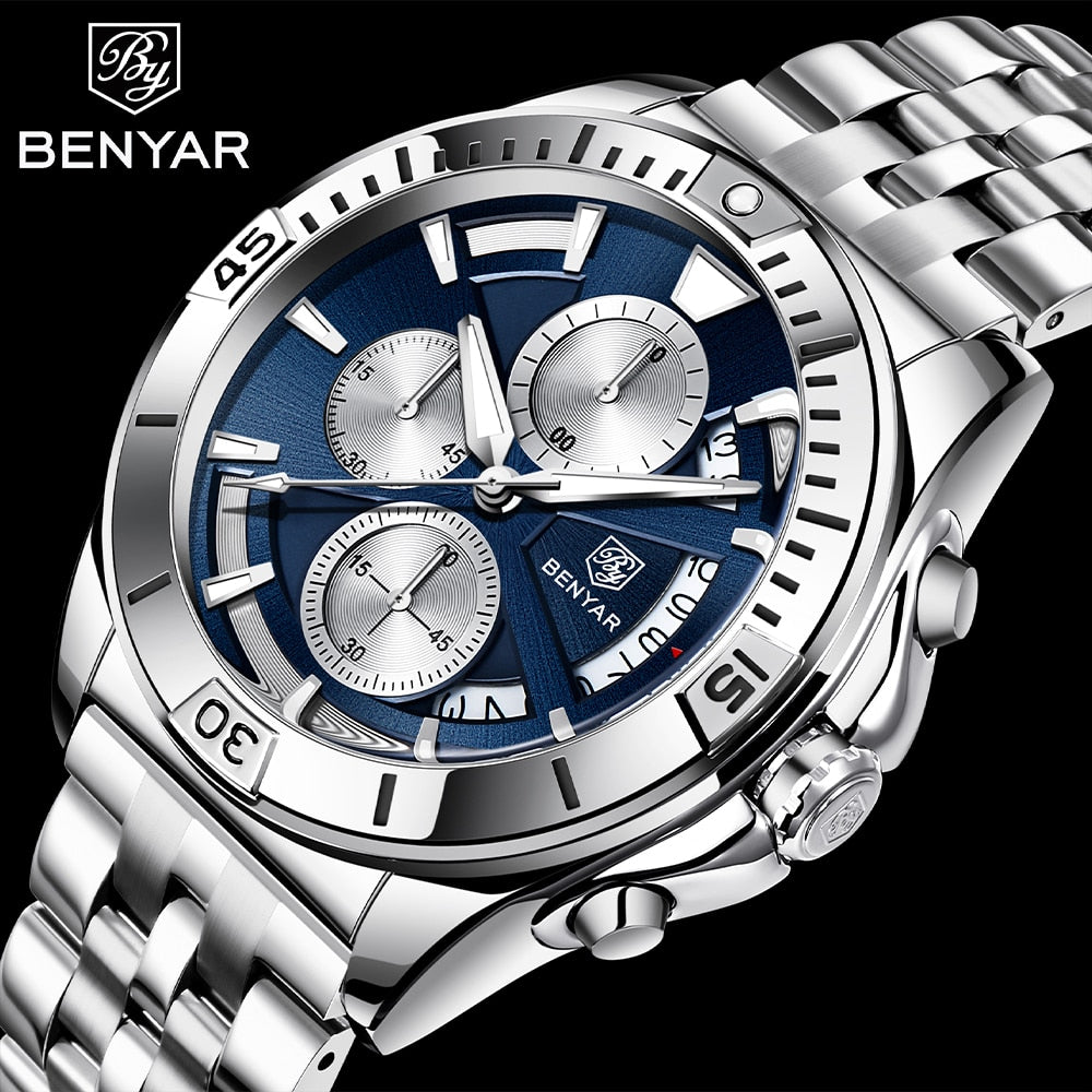 BENYAR Top Brand New Men Watch Stainless Steel Jubilee Watch Band Waterproof 30M Chronograph Luxury Men Quartz Wristwatch reloj