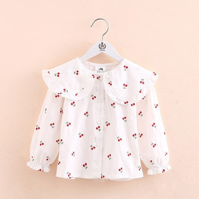 2022 Spring Autumn 2 3 4 6 10Years Toddler Kids Fashion Big Turn Down Collar Full Print Tops Baby Girls Long Sleeve Blouse Shirt