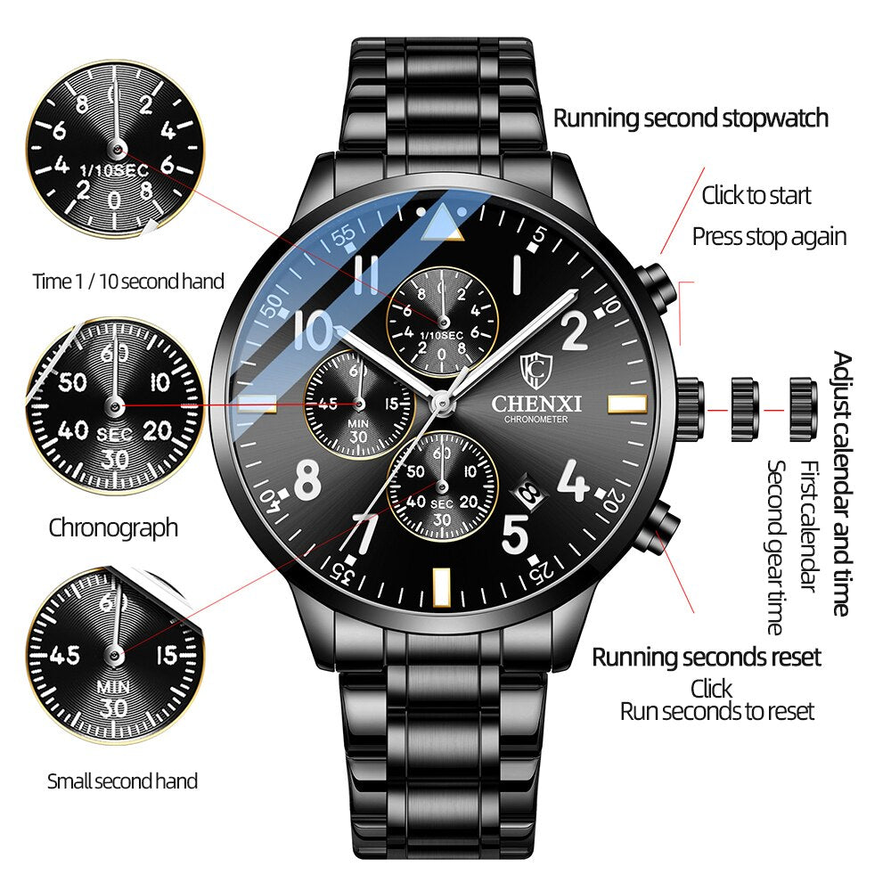 CHENXI Fashion New Men Watches Sport Waterproof Top Brand Luxury Chronograph Quartz Watch Full Steel Men Clock Relogio Masculino