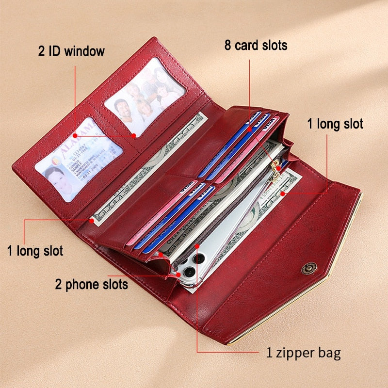 Fashion Genuine Leather Women Rfid Long Purse Female Clutches Money Wallets Handbag Cell Phone Card Holder