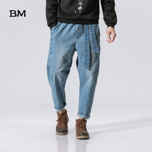 Streetwear High Quality Male Loose Feet Pants Chinese Retro Washed Loose Waist Jeans Harajkuku Baggy Harem Pants Men 5XL