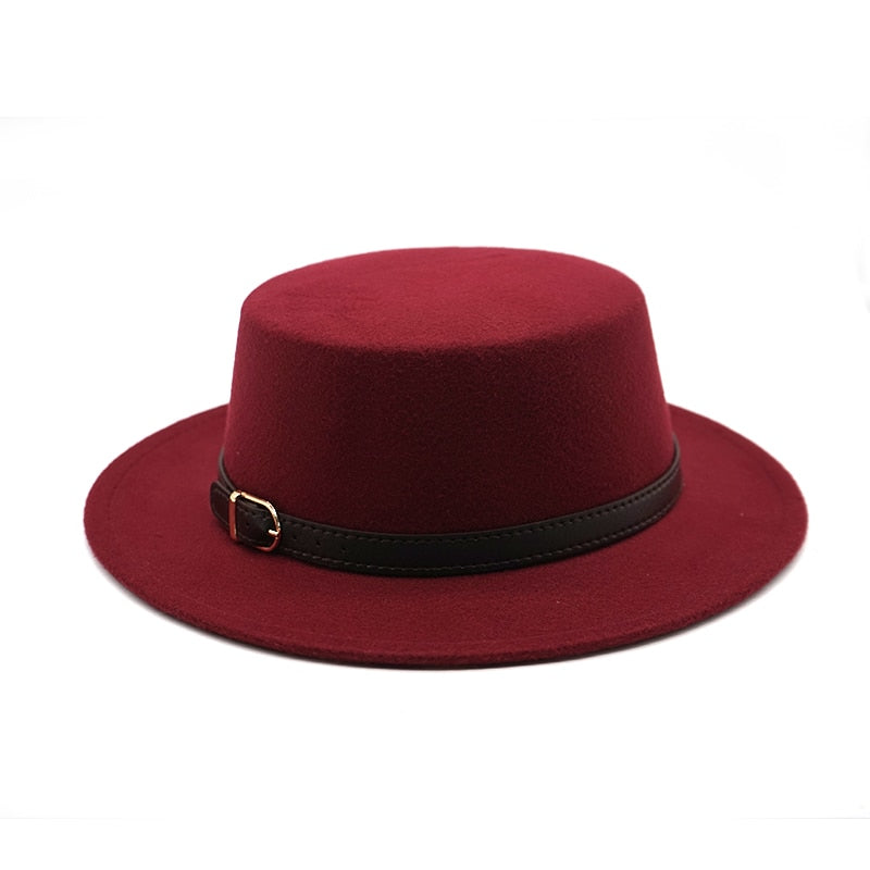 New Retro Winter Autumn women men Top hat Imitation Woolen Felt Fedora Hats Belt buckle Decorated ladies Boater Hat flat brim