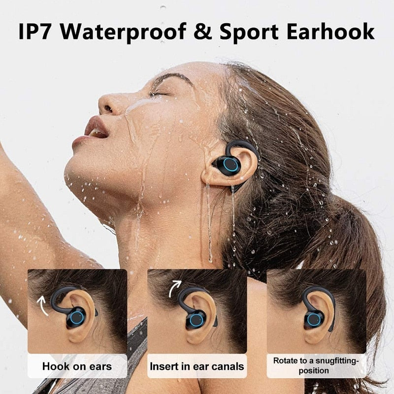 Wireless Headphones Bluetooth 5.1 TWS Sport Earbuds Deep Bass Noise Cancelling Earphones HD Mic IPX7 Earhook HIFI Headset