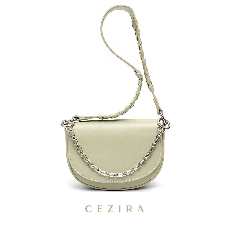 CEZIRA Fashion PU Vegan Leather Handbag For Women Luxury Chain Flap Shell Shoulder Bags Braid Strap Half-moon Female Small Purse