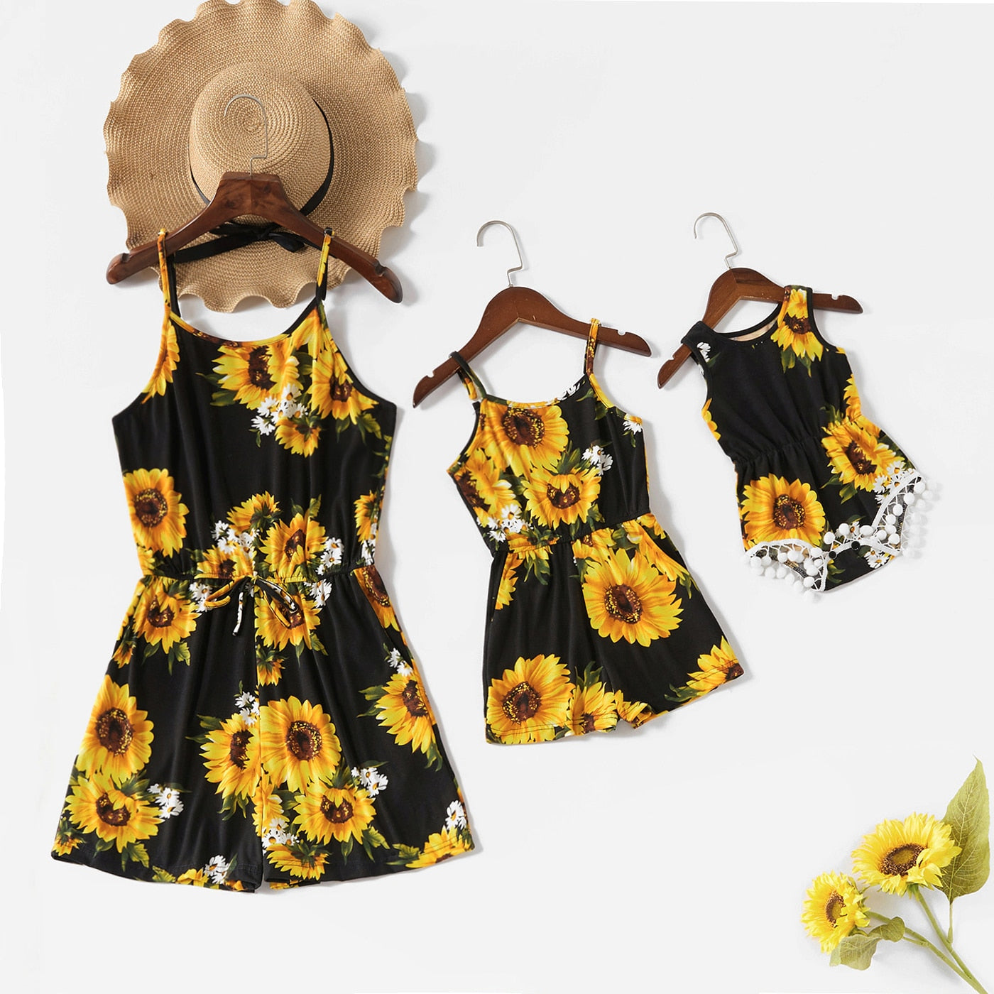 PatPat Sunflower and Daisy Print Matching Black Sling Shorts Rompers